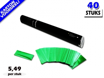 Laagste prijs! Bestel 40cm confetti shooters met groene metallic brandvrije confetti zeer voordelig online bij Partyvuurwerk.