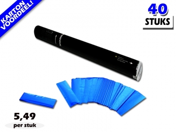 Laagste prijs! Bestel 40cm confetti shooters met blauwe metallic brandvrije confetti zeer voordelig online bij Partyvuurwerk.