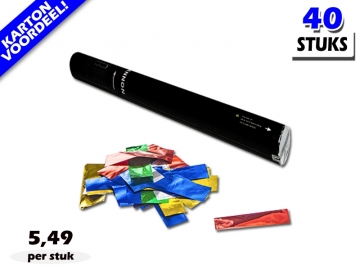 Laagste prijs! Bestel 40cm confetti shooters met multicolour metallic brandvrije confetti zeer voordelig online bij Partyvuurwerk.