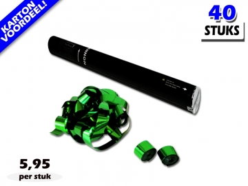 Laagste prijs! Bestel 40cm streamer shooters met groen metallic brandvrije streamers zeer voordelig online bij Partyvuurwerk.