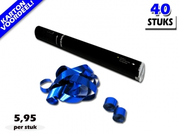 Laagste prijs! Bestel 40cm streamer shooters met blauw metallic brandvrije streamers zeer voordelig online bij Partyvuurwerk.