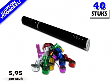 Laagste prijs! Bestel 40cm streamer shooters met multicolour metallic brandvrije streamers zeer voordelig online bij Partyvuurwerk.